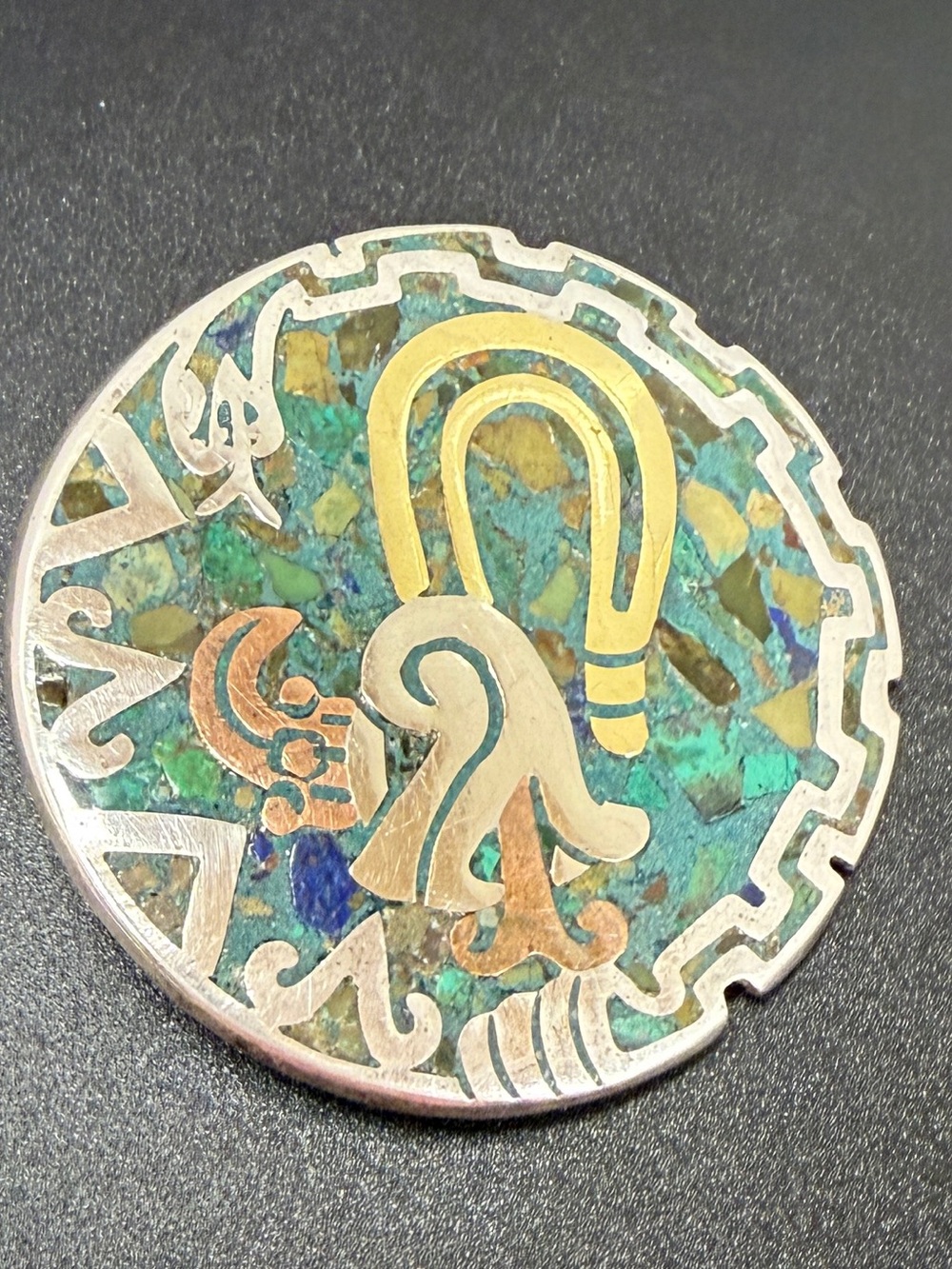 Vintage Taxco Sterling Silver Mixed Metal Quetzalcoatl Mosaic Inlay Brooch - Picture 4 of 11